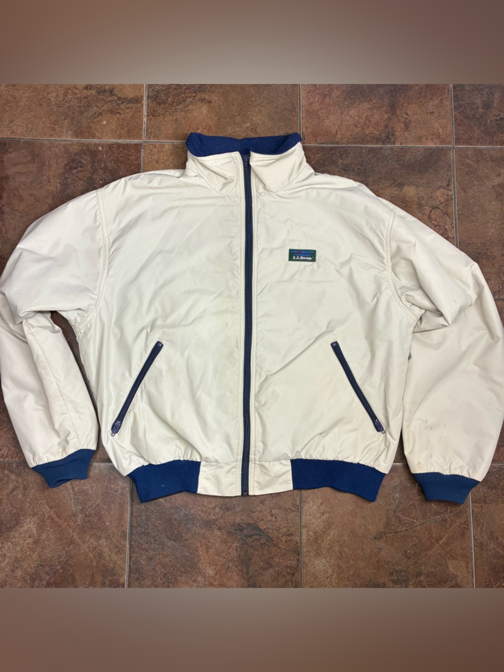 L.L. Bean Cream Bomber Jacket with Blue Trim